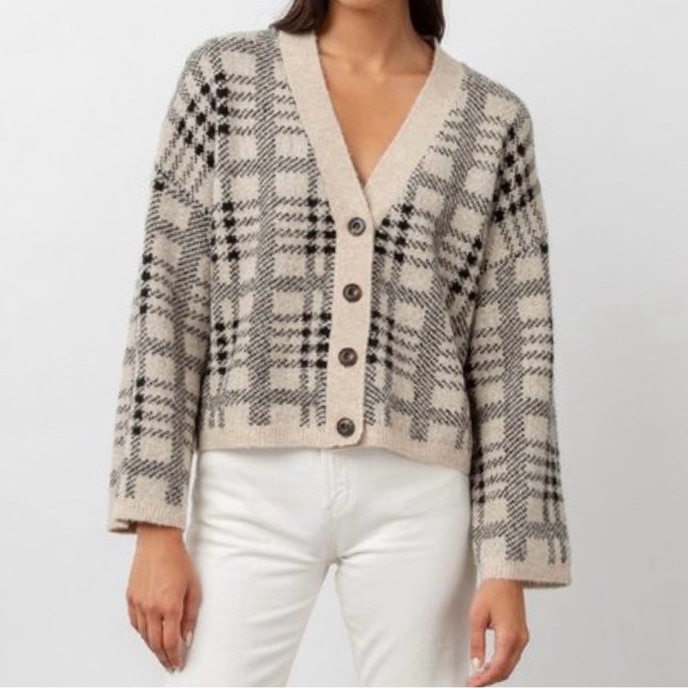 Rails Beige & Black Plaid V-Neck Button Cardigan